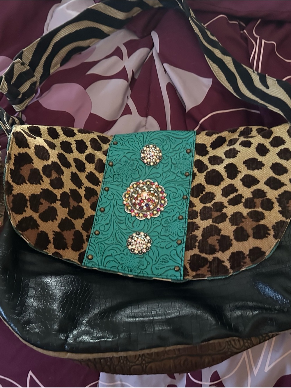 Leopard Print and Turquoise Tooled Leather Embellished Bag